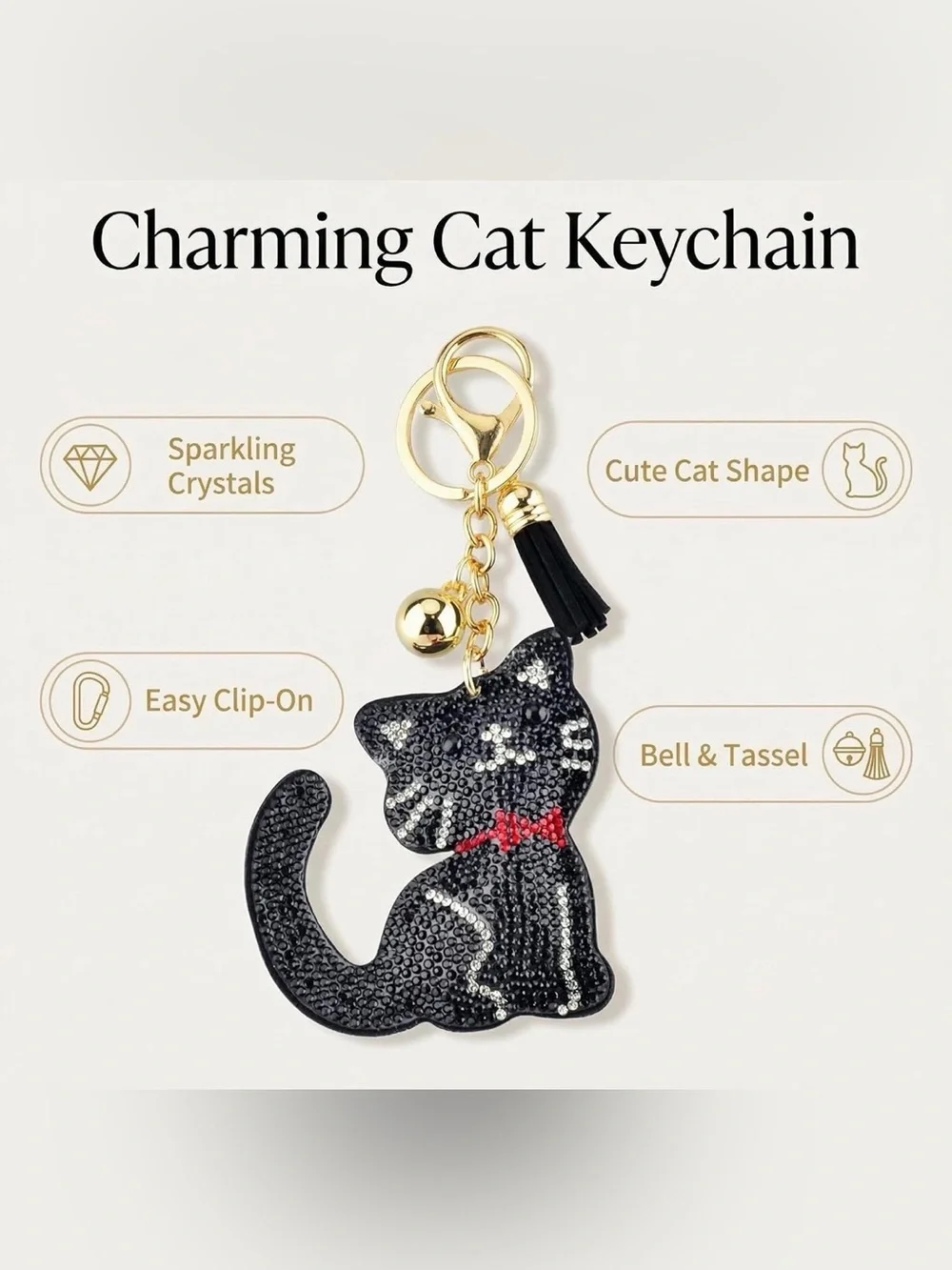 Chic Cat Crystal Keychain Charm - Black